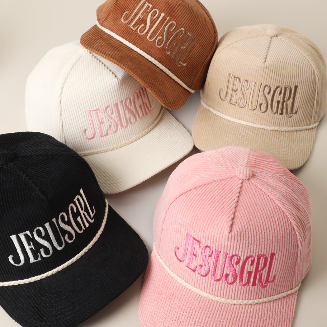 JesusGrl embroidered corduroy rope trucker hat shown in all color options