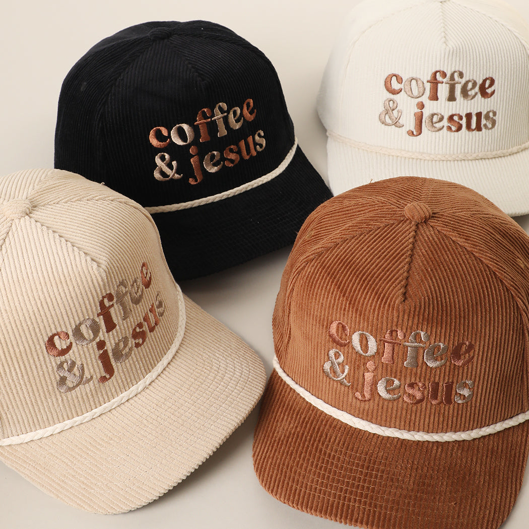 Coffee & Jesus embroidered corduroy rope trucker hat shown in all color options