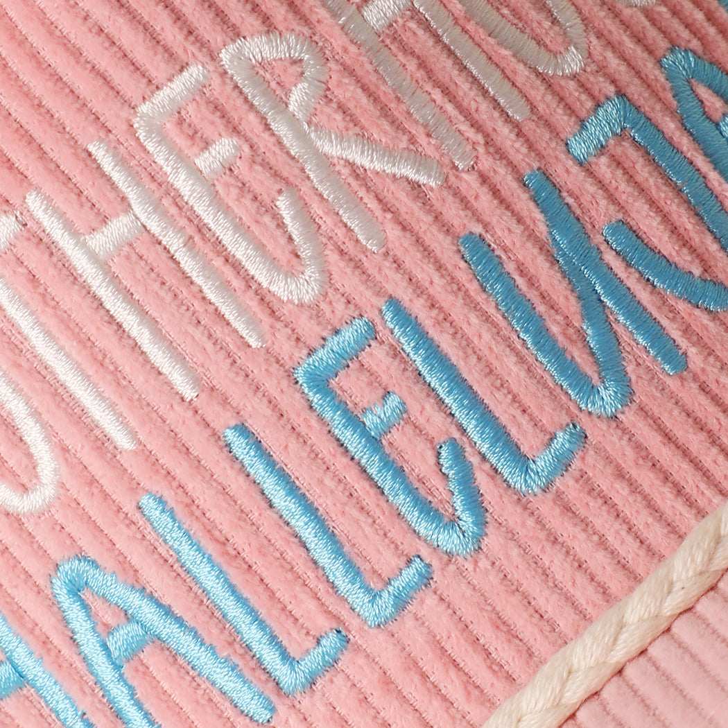 Motherhood Hallelujah corduroy rope trucker hat in baby pink, side view