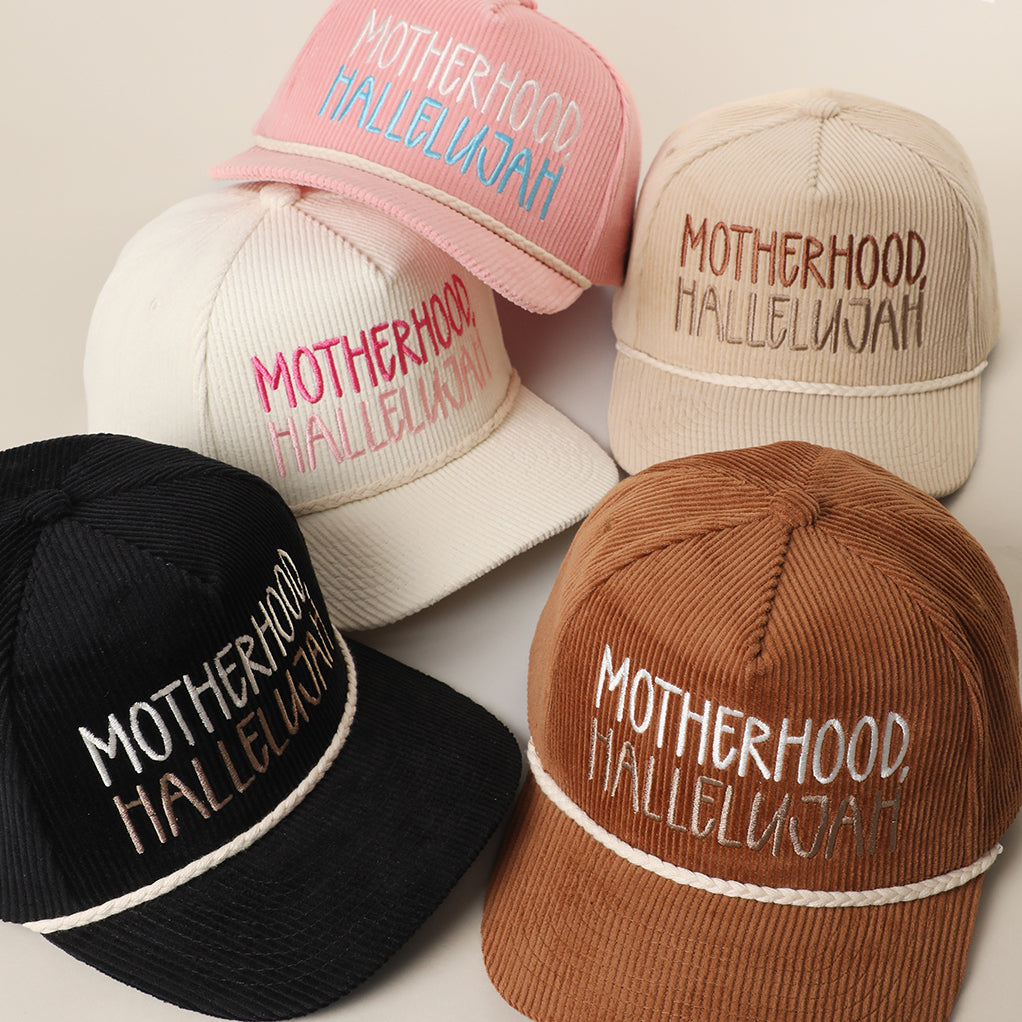 Motherhood Hallelujah corduroy rope trucker hat shown in all color options