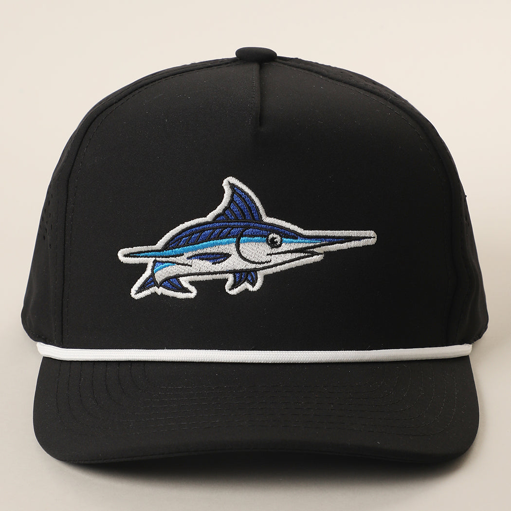 Blue Marlin rope strap trucker hat in black and white