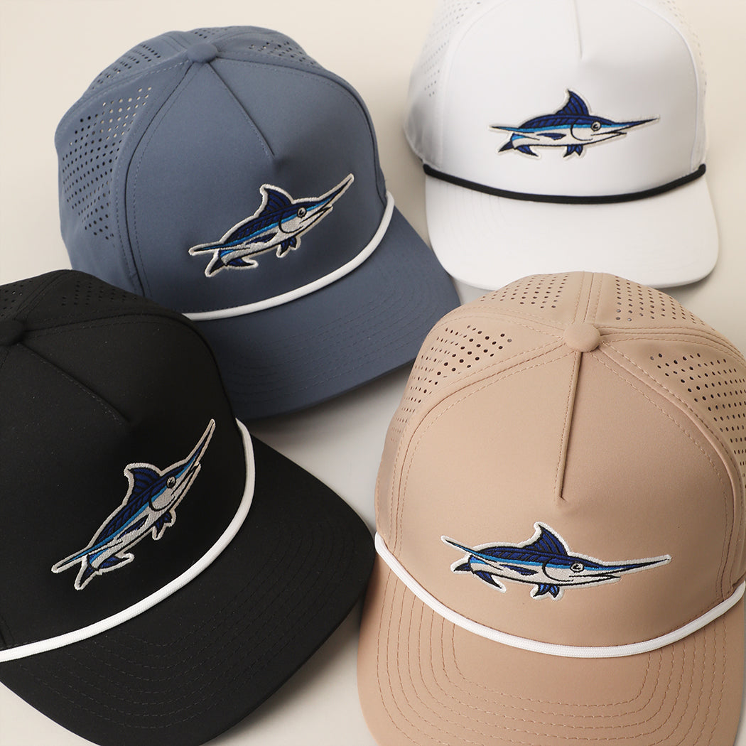 Blue Marlin embroidered rope strap trucker hat lifestyle image