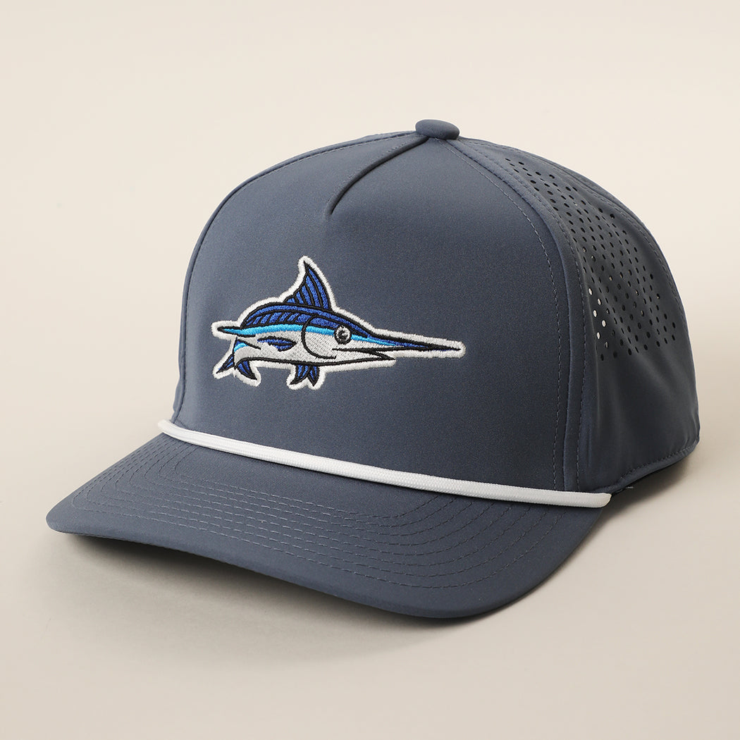 Blue Marlin rope strap trucker hat in navy and white, back view