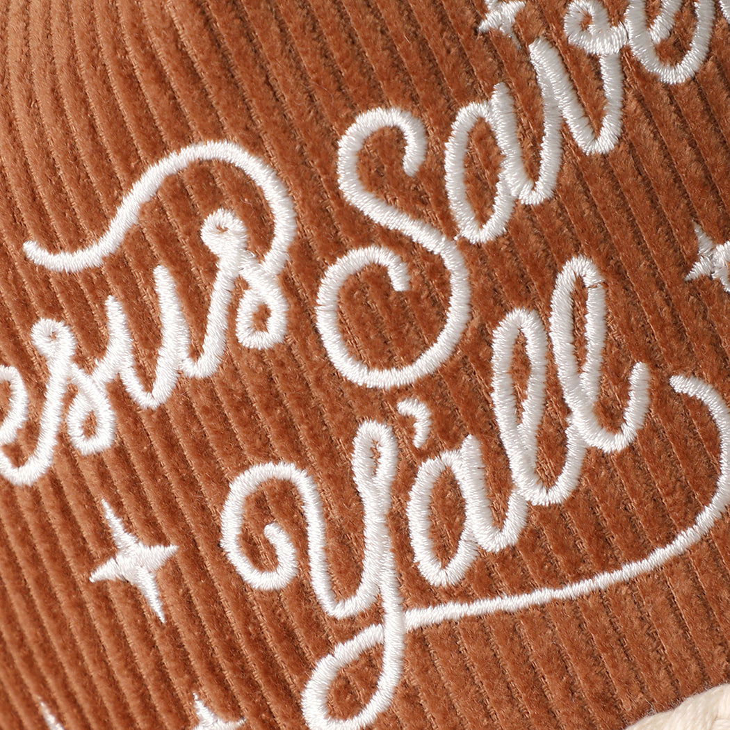Jesus Saves Y'all corduroy rope trucker hat in brown, angled view