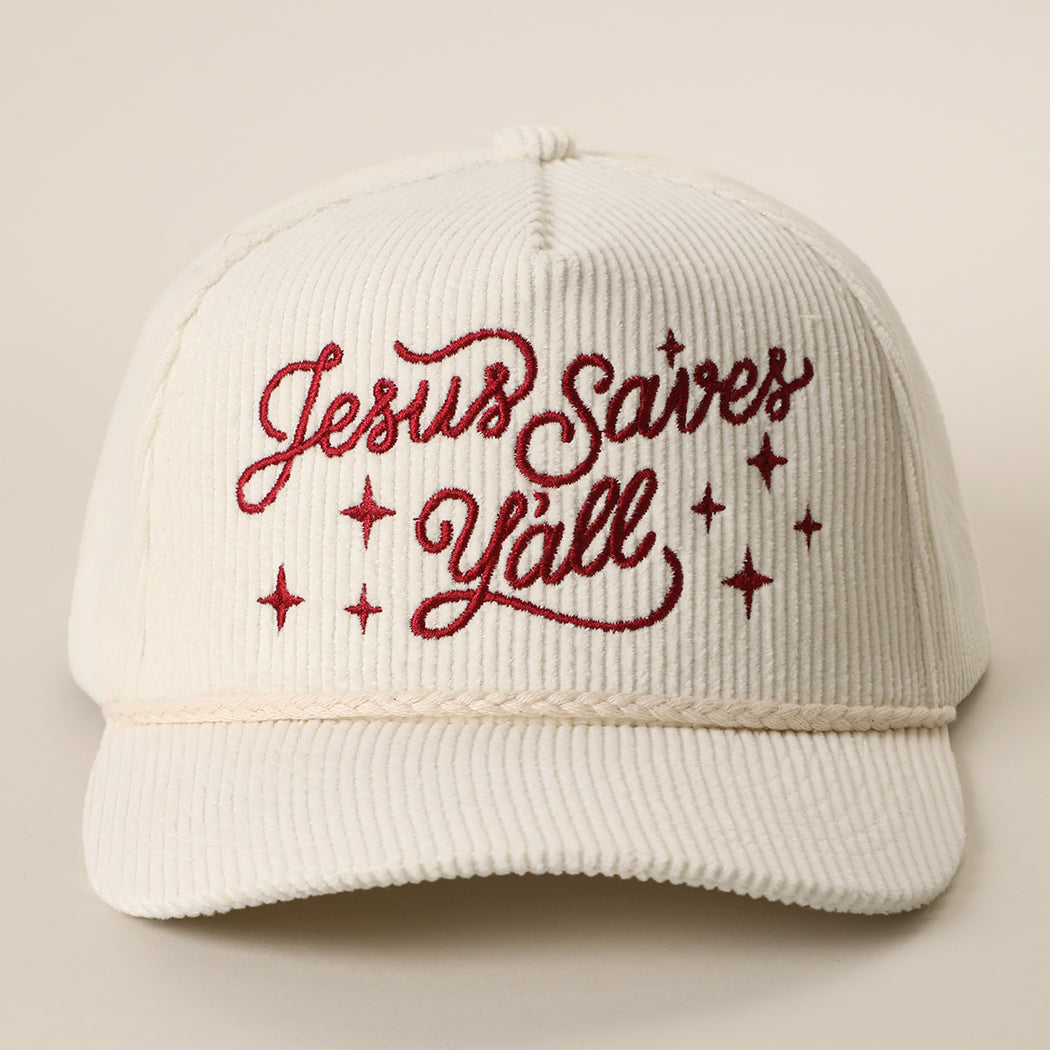 Jesus Saves Y'all corduroy rope trucker hat in off-white