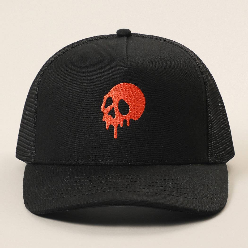 Skull Drip mesh trucker hat in black and orange