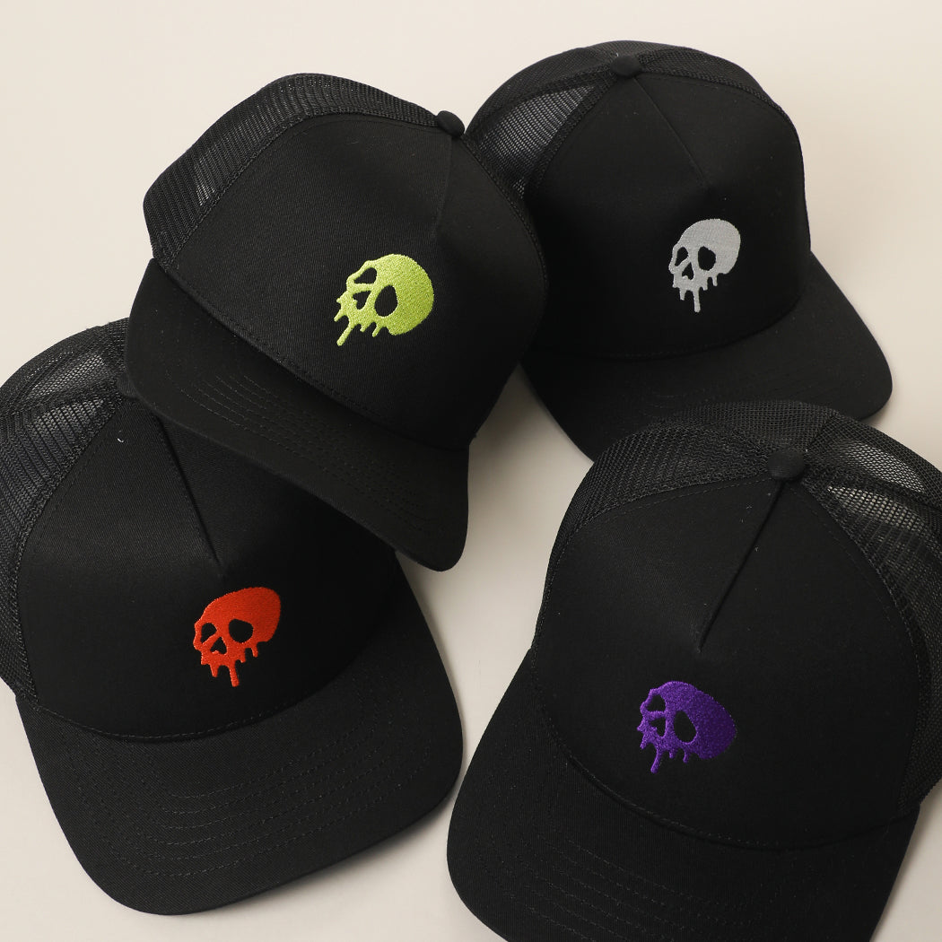 Skull Drip embroidered mesh trucker hat, front view