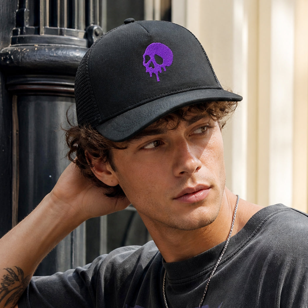 Skull Drip embroidered mesh trucker hat, side view