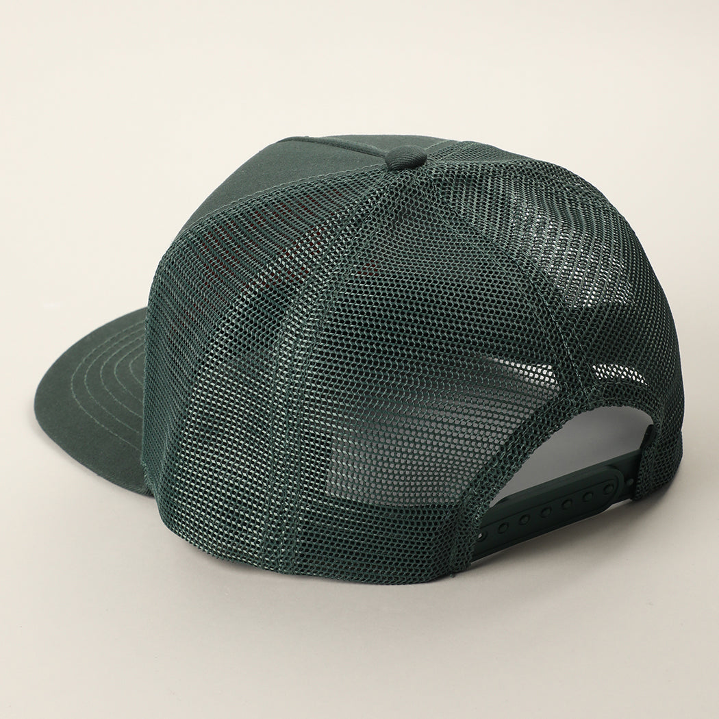 Take Me To The Mountains trucker hat in dark green, back view