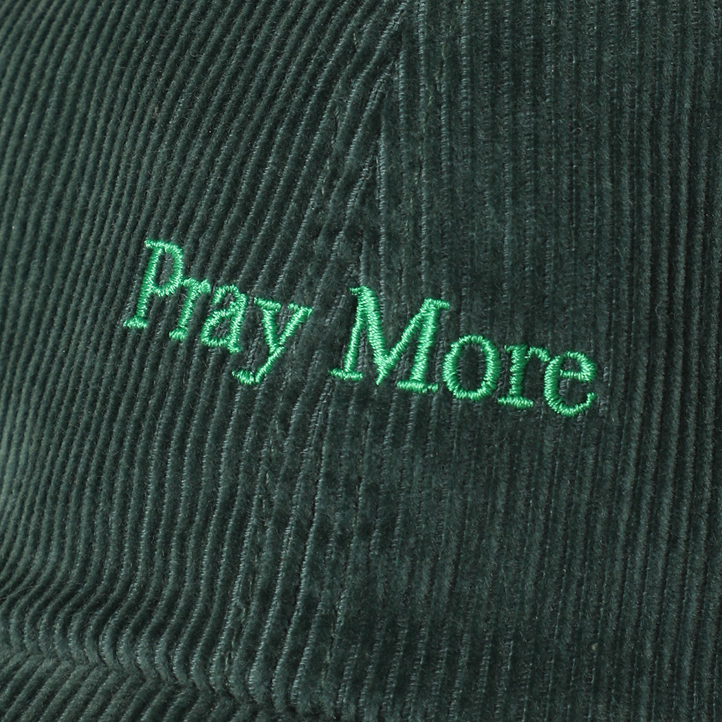 Pray More corduroy baseball cap in dark green, side view