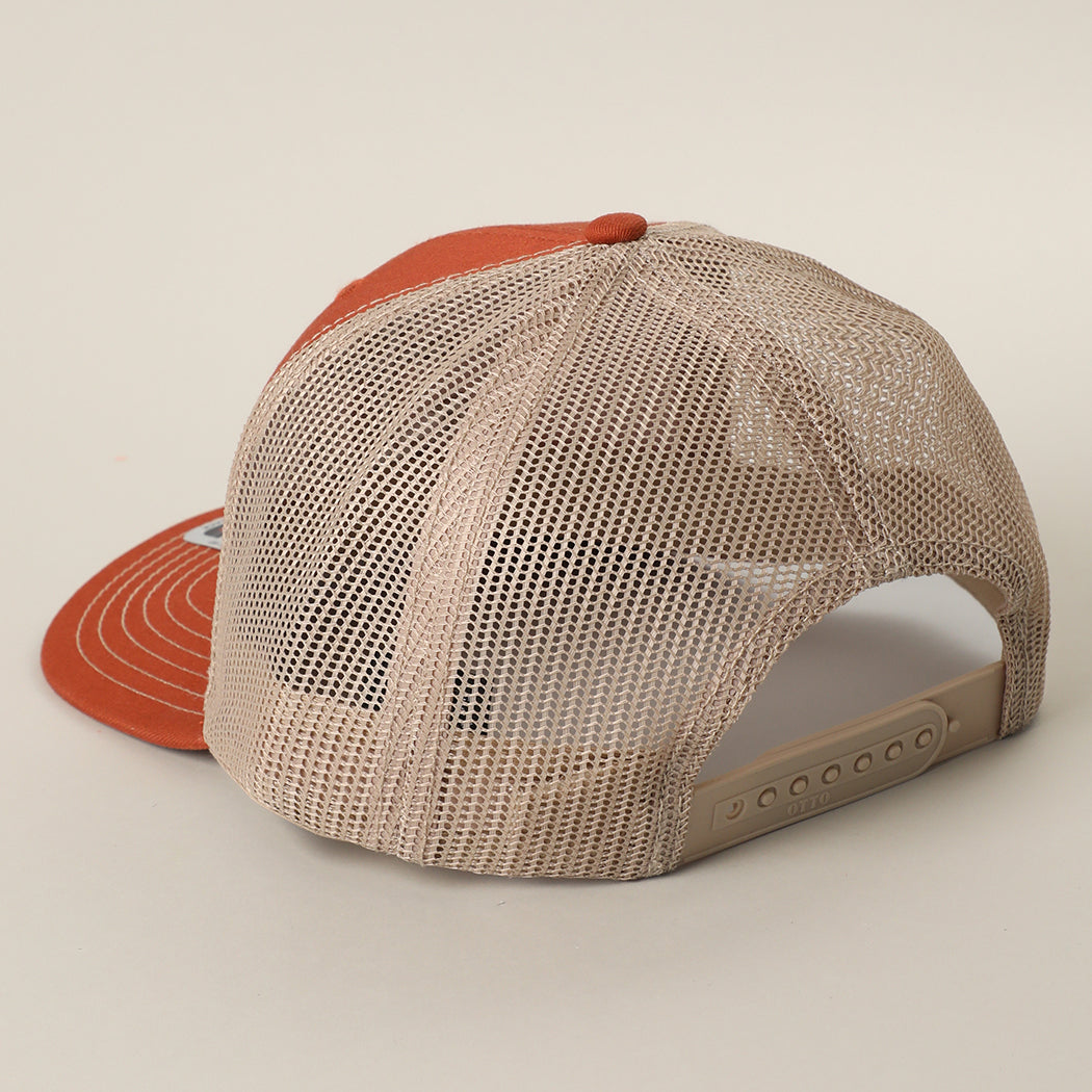 Anchor OTTO two-tone trucker hat in orange and khaki, back view