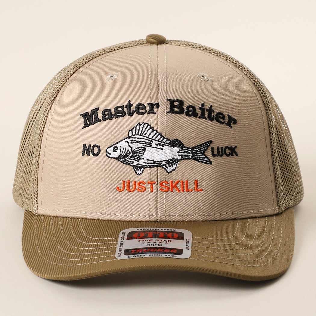 Master Baiter No Luck Just Skill trucker hat in coyote brown and khaki