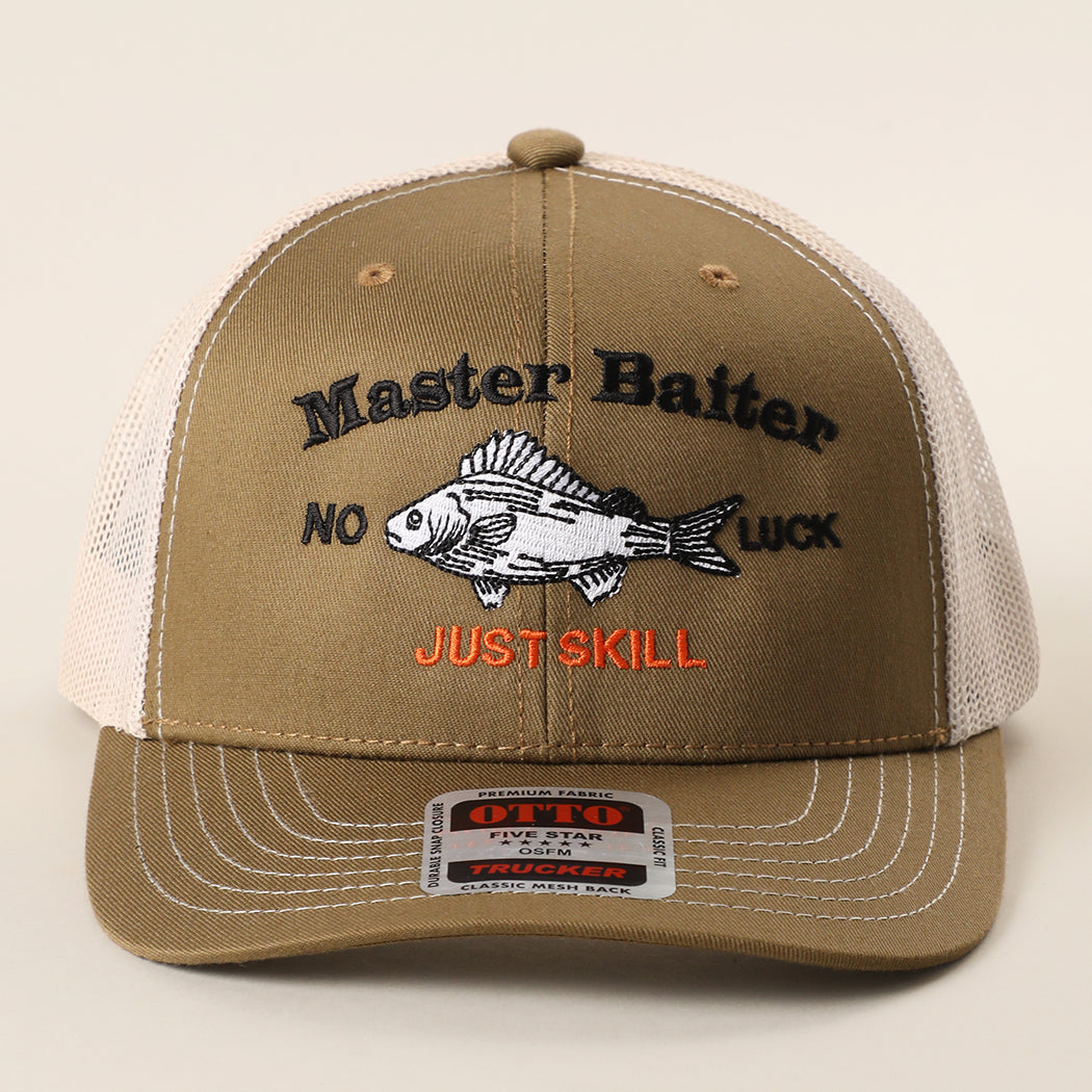 Master Baiter No Luck Just Skill trucker hat in coyote brown and khaki
