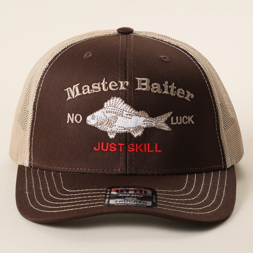 Master Baiter No Luck Just Skill trucker hat in dark brown and khaki
