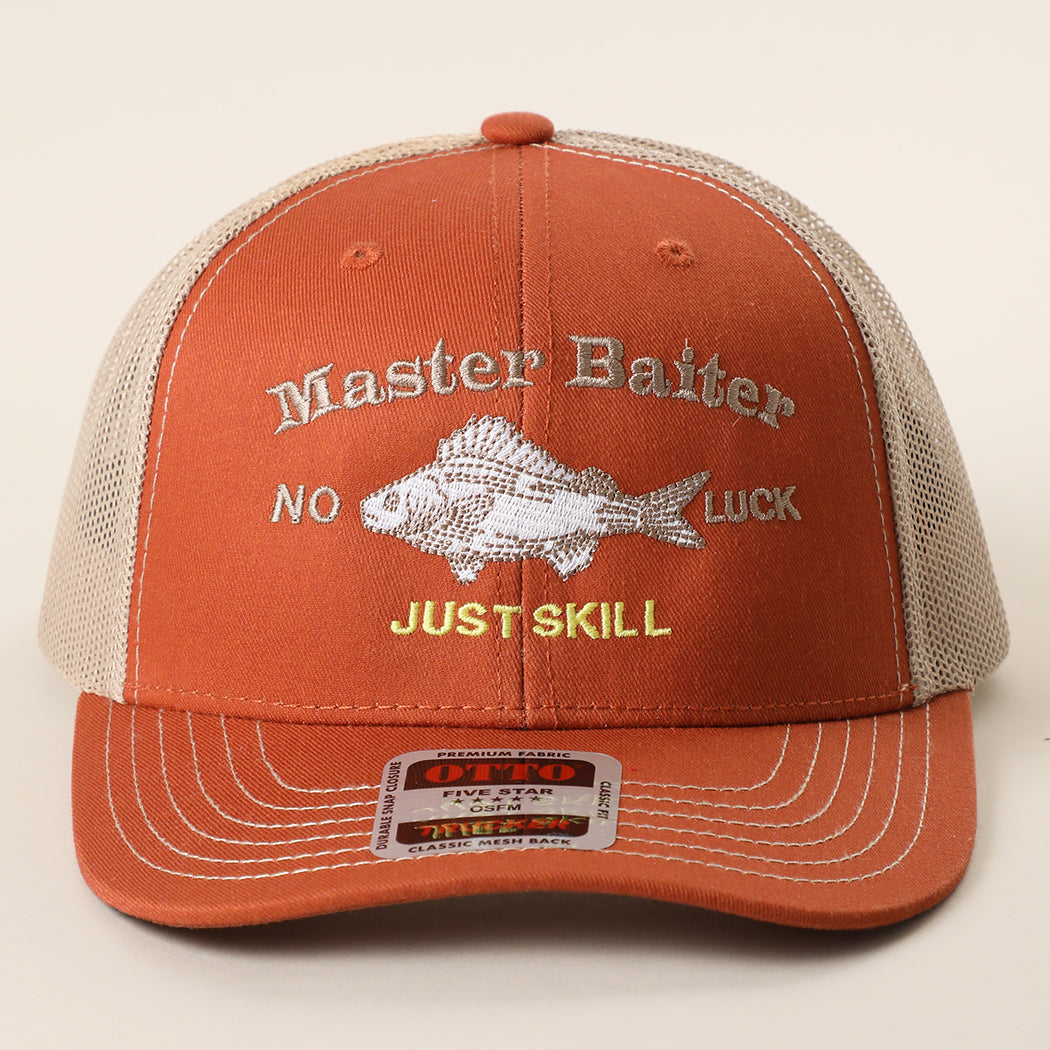 Master Baiter No Luck Just Skill trucker hat in orange and khaki