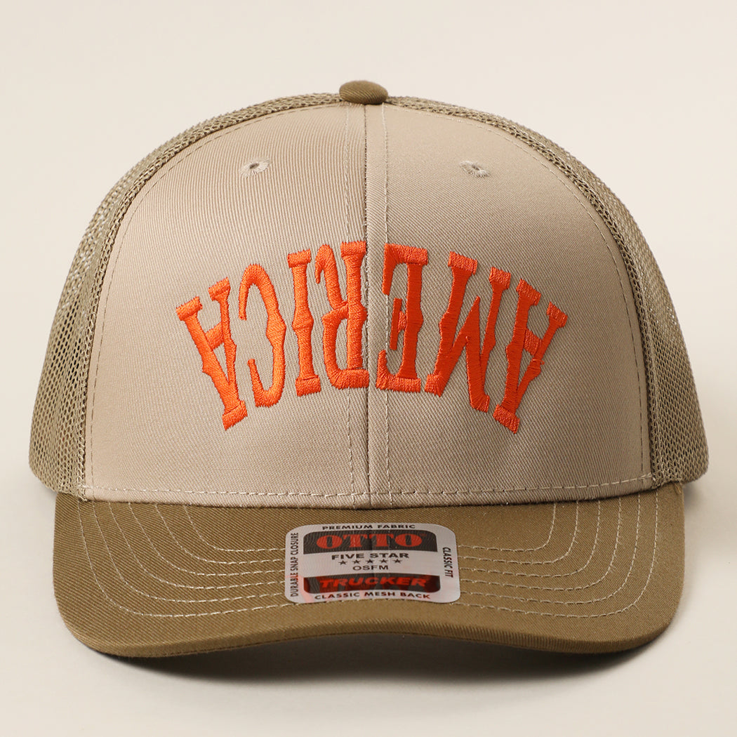 America Upside Down mid profile trucker hat in coyote brown and khaki