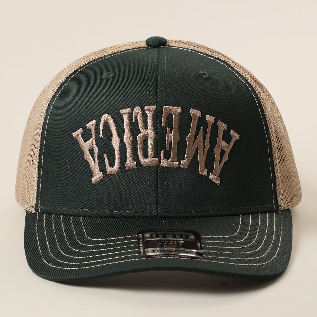 America Upside Down mid profile trucker hat in dark green and khaki