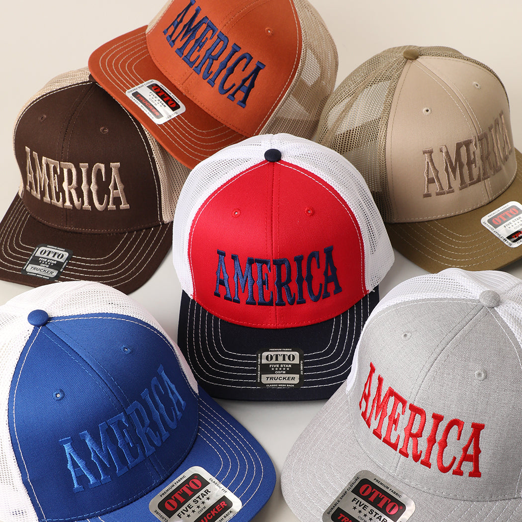 America mid profile trucker hat shown in all color options