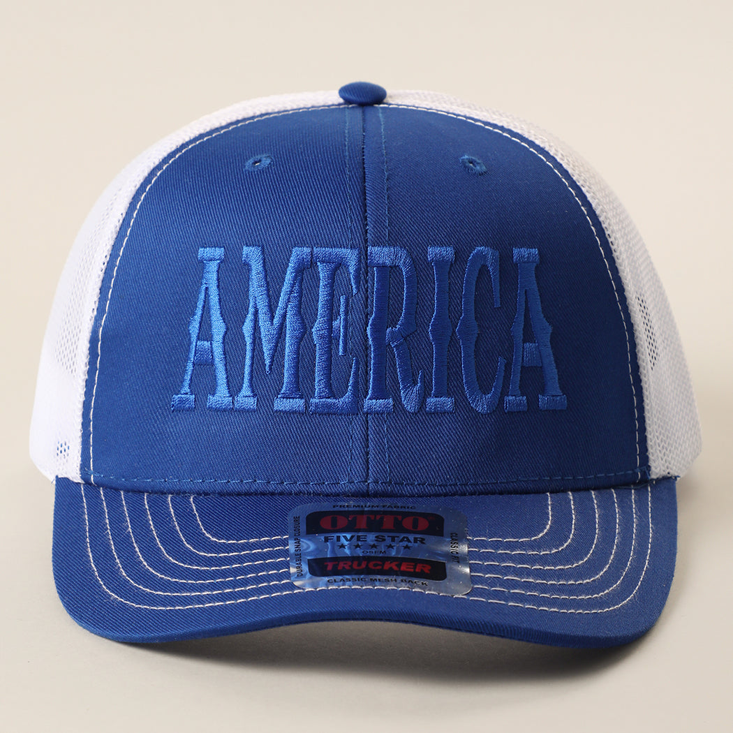 America mid profile trucker hat in royal blue and white