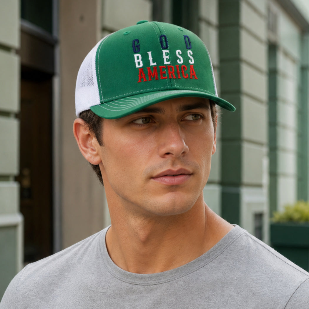 Model wearing God Bless America mid profile trucker hat