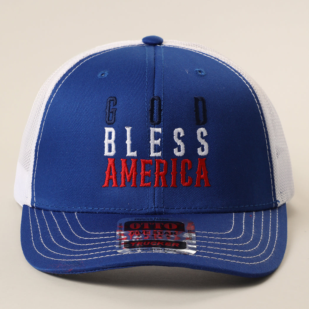 God Bless America mid profile trucker hat in royal blue and white