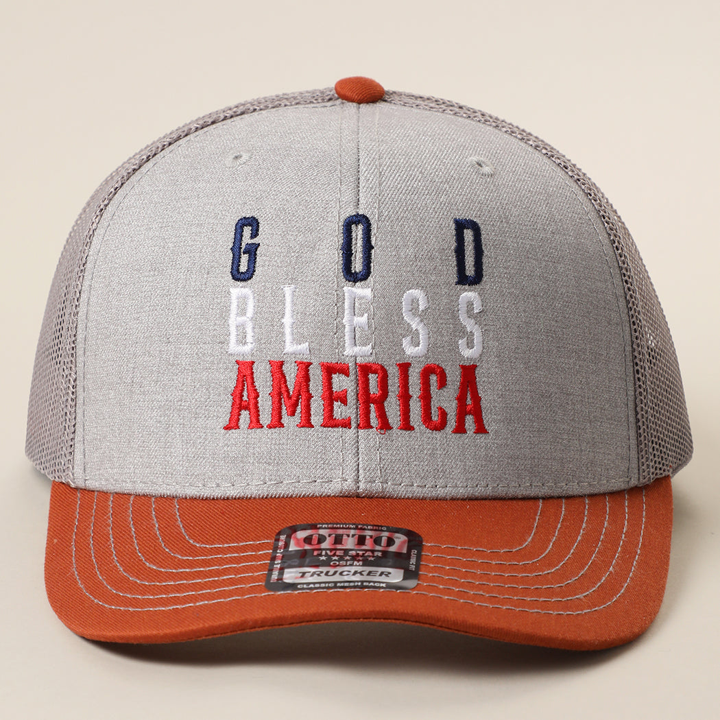 God Bless America mid profile trucker hat in orange and heather grey