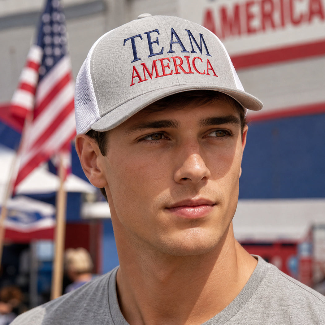 Team America mid profile trucker hat, front view