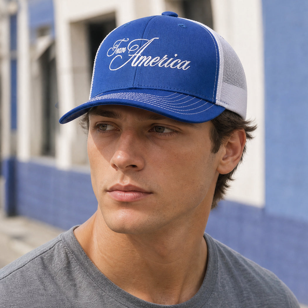 Team America Script mesh back trucker hat, front view