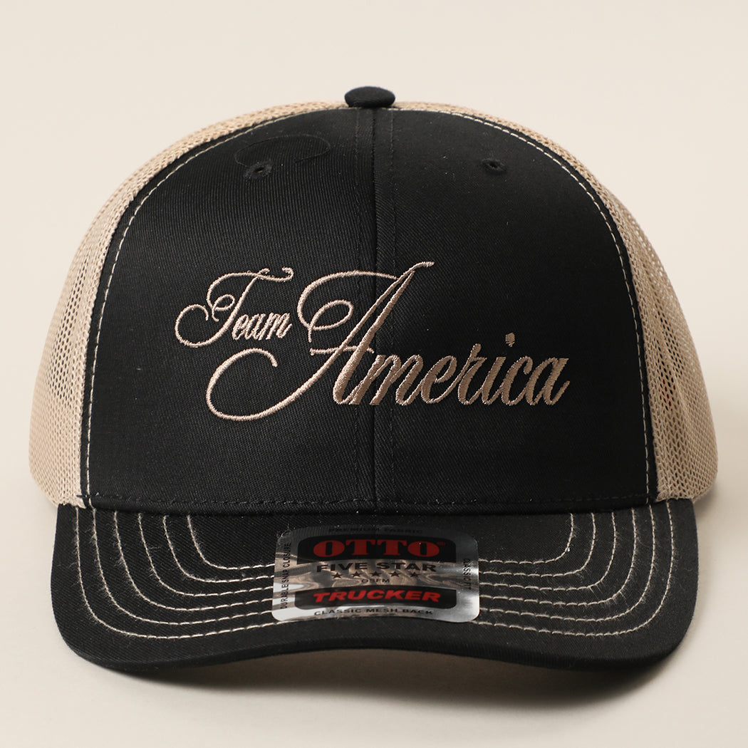 Team America Script mesh back trucker hat in black and khaki
