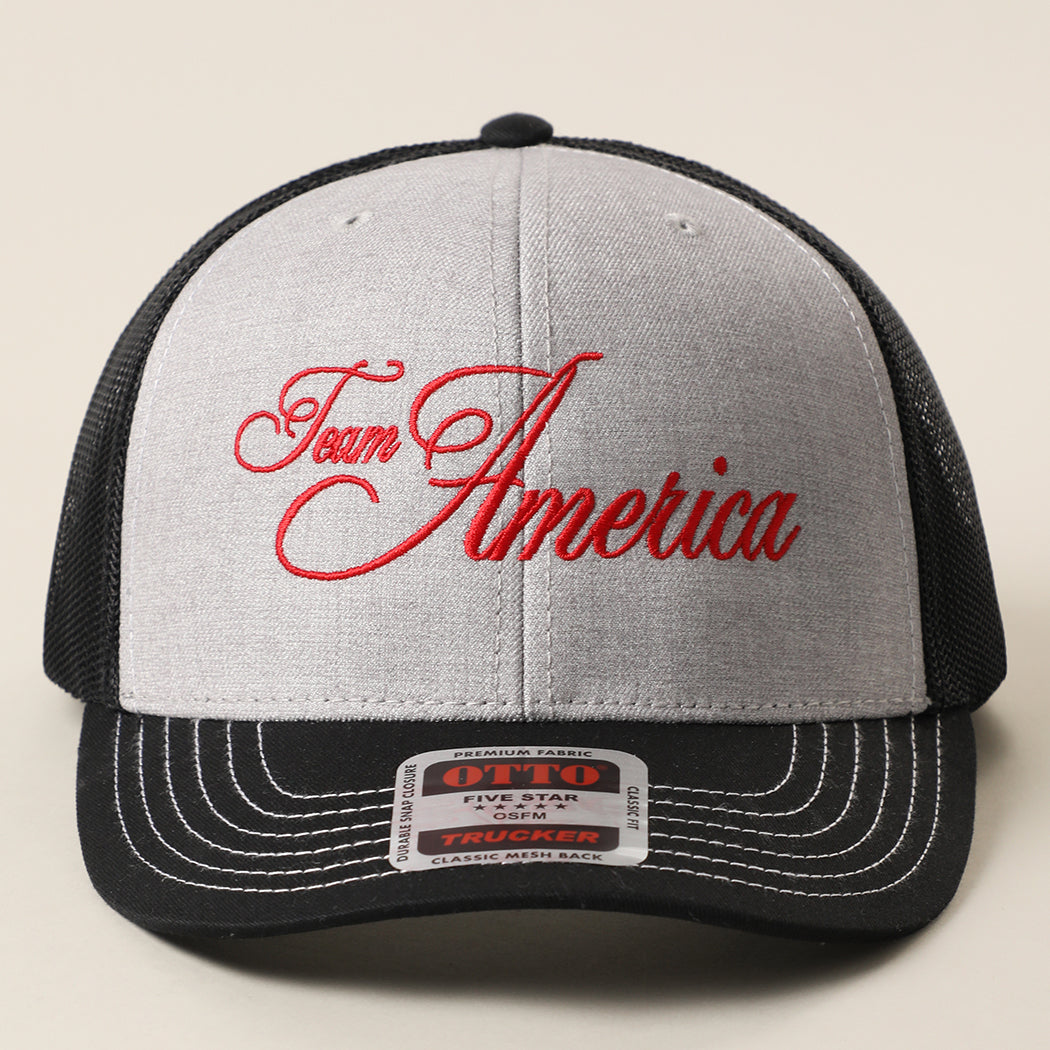 Team America Script mesh back trucker hat in black and heather grey