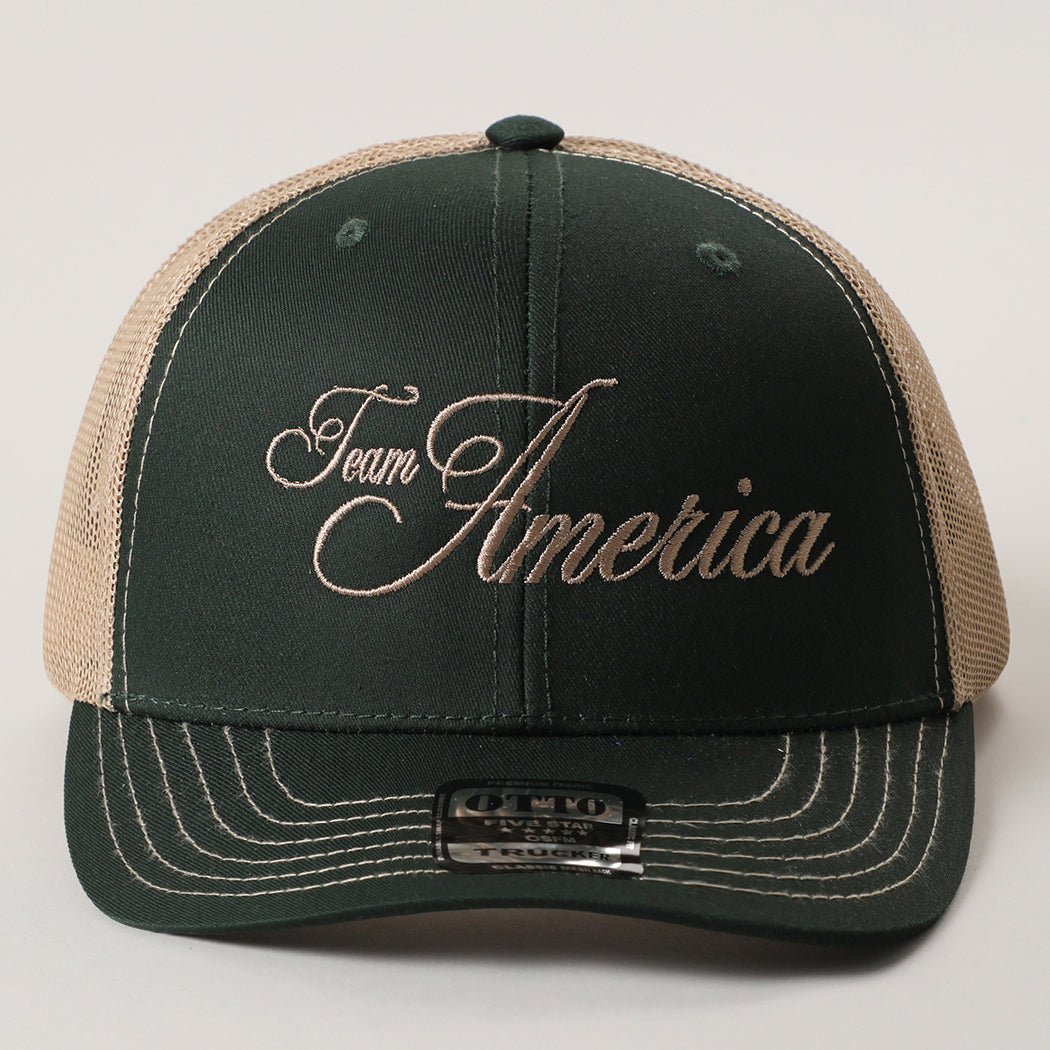 Team America Script mesh back trucker hat in dark green and khaki