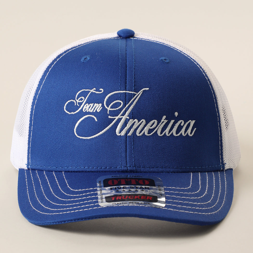 Team America Script mesh back trucker hat in royal blue and white