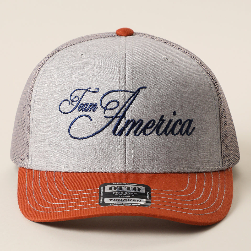 Team America Script mesh back trucker hat in orange and heather grey