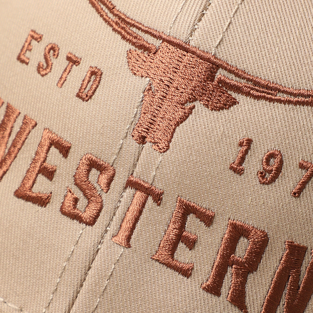 Longhorn Western mid profile trucker hat in coyote brown and khaki, side view