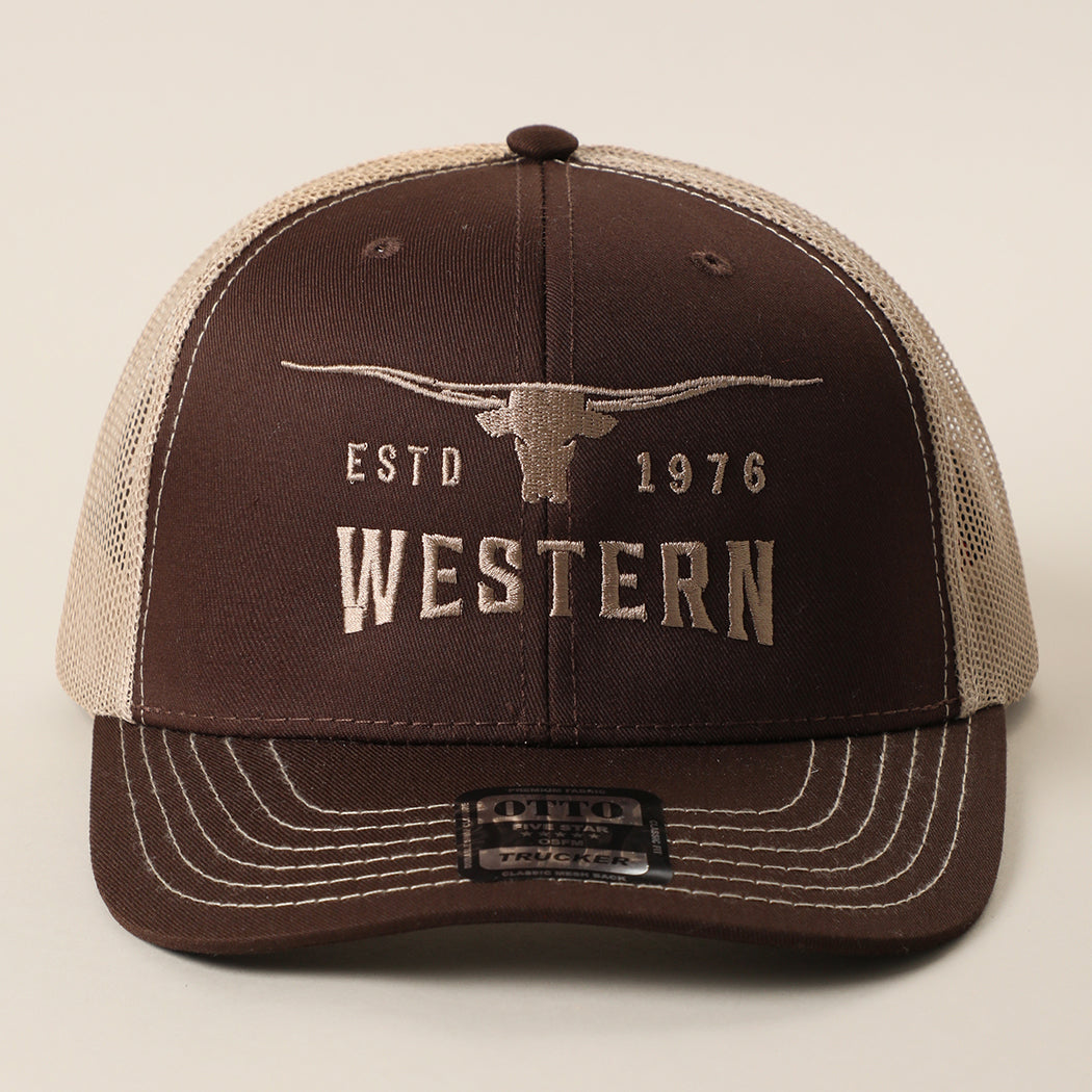 Longhorn Western mid profile trucker hat in dark brown and khaki