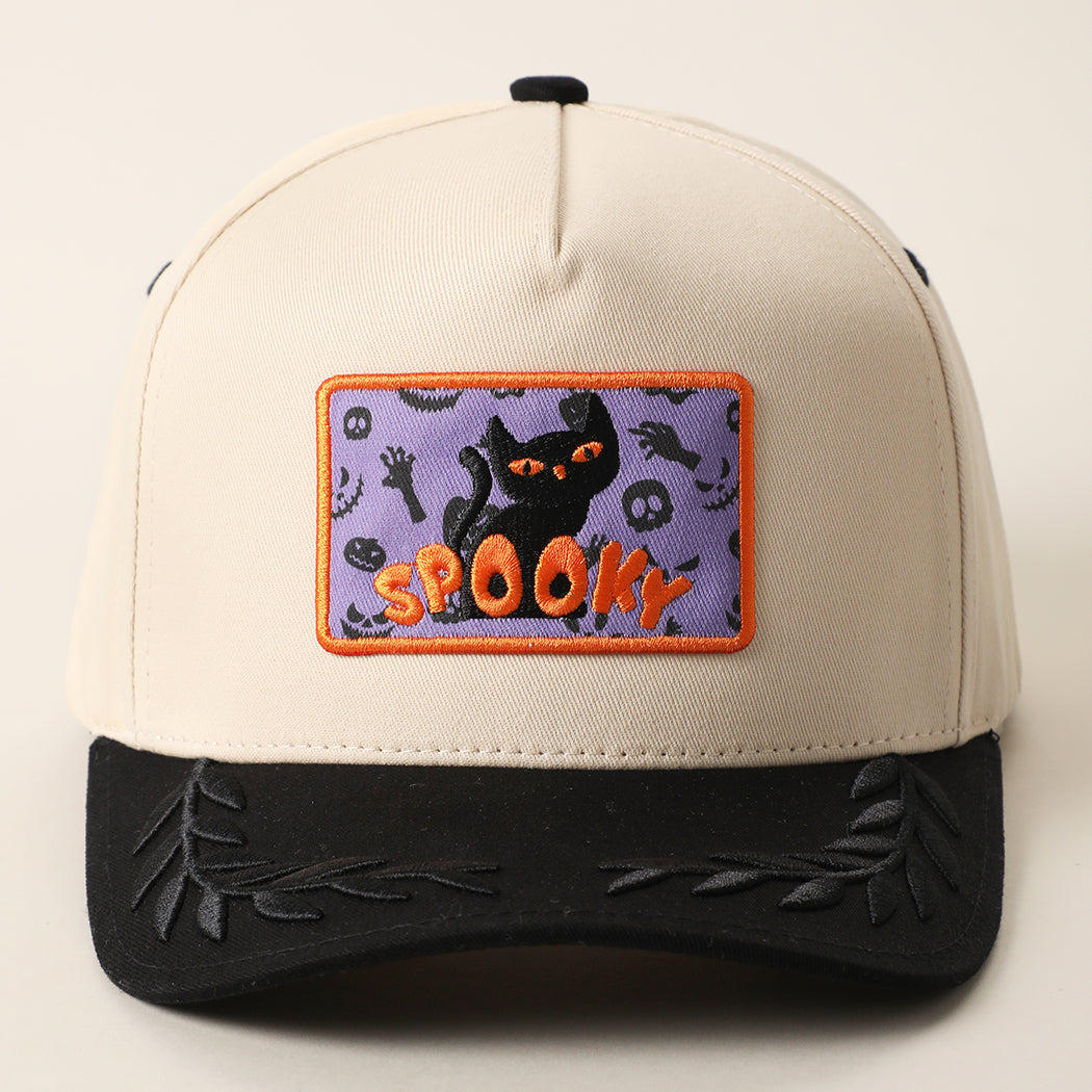 Spooky black cat patch leaf brim trucker hat in black