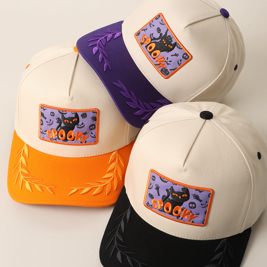 Spooky black cat patch leaf brim trucker hats, color group