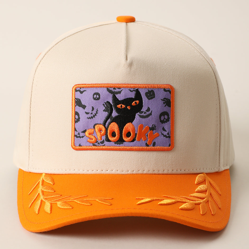 Spooky black cat patch leaf brim trucker hat in orange
