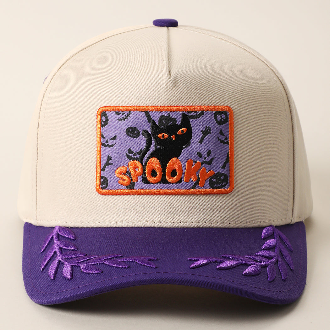 Spooky black cat patch leaf brim trucker hat in purple