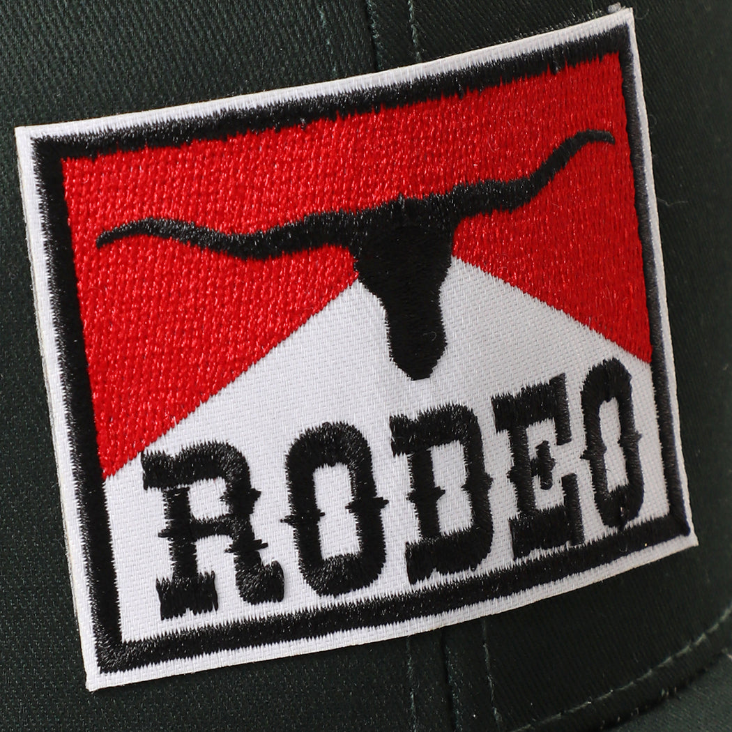 Rodeo patch mid profile trucker hat in black and khaki, side view