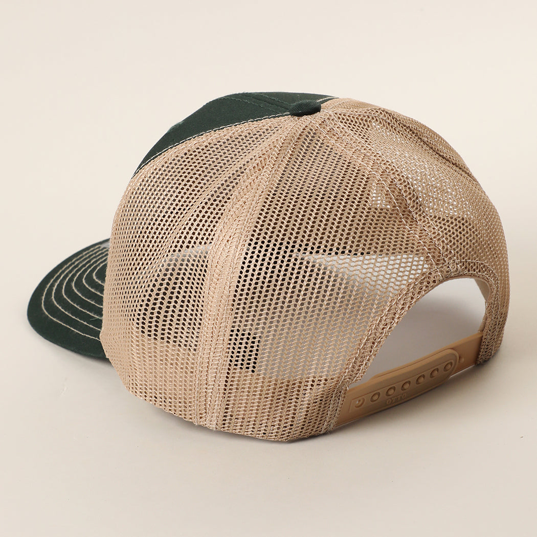 Rodeo patch mid profile trucker hat in black and khaki, back view