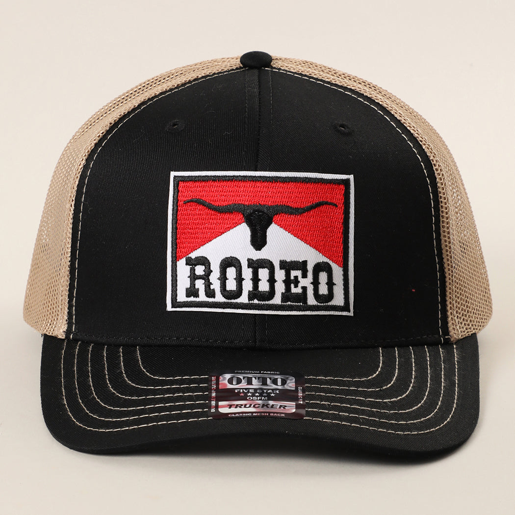 Rodeo patch mid profile trucker hat in black and khaki