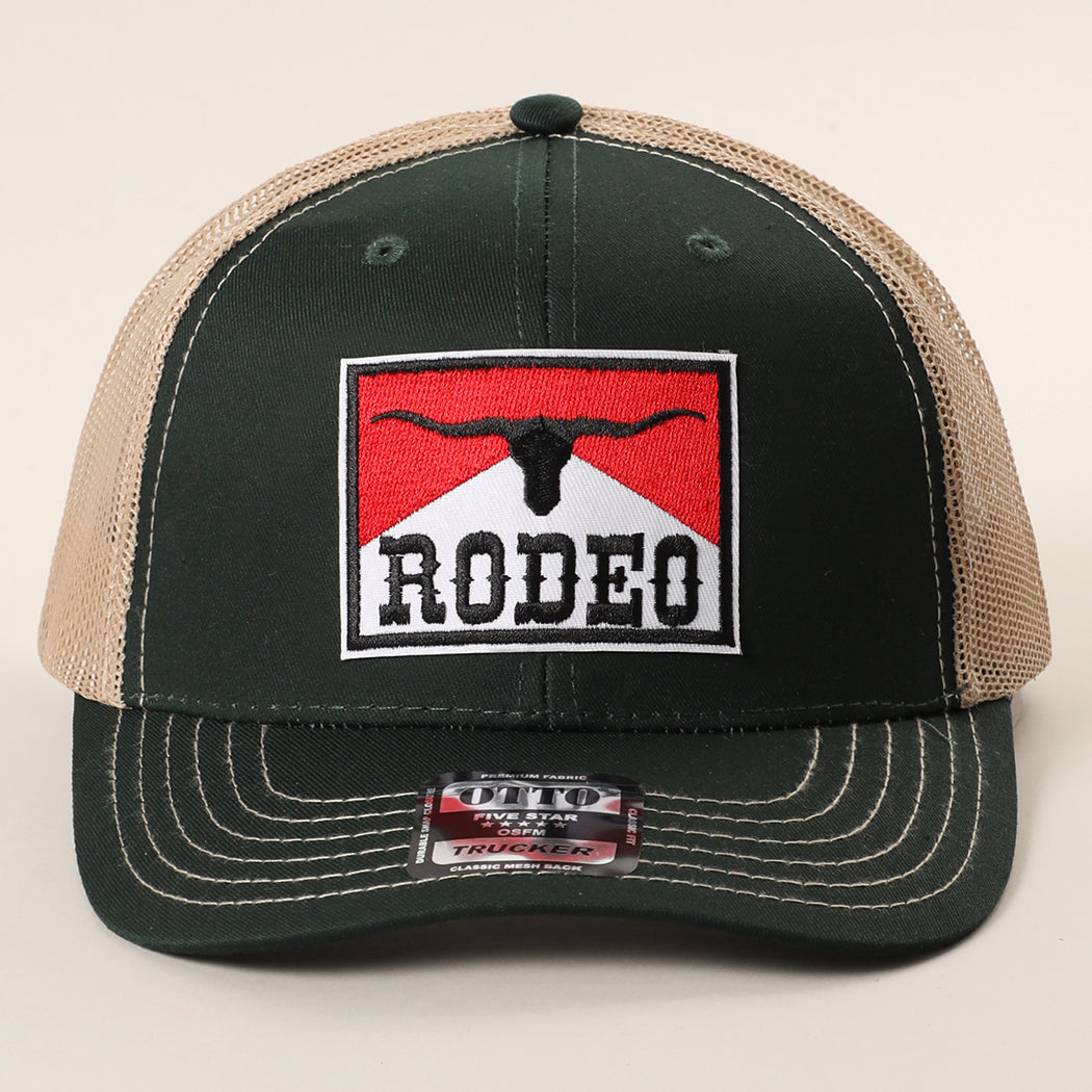 Rodeo patch mid profile trucker hat in dark green and khaki
