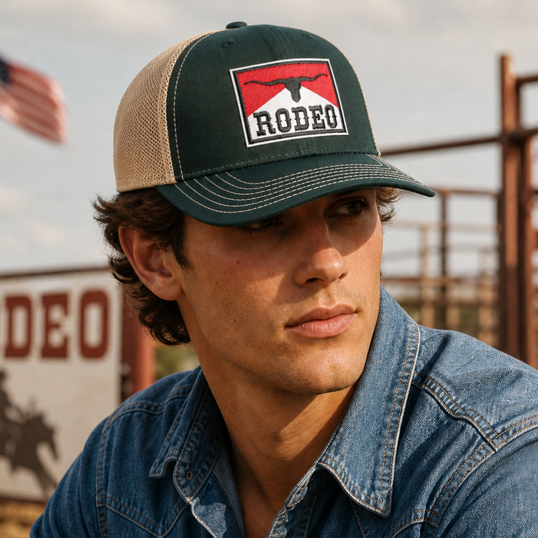 Rodeo patch mid profile trucker hat, front view