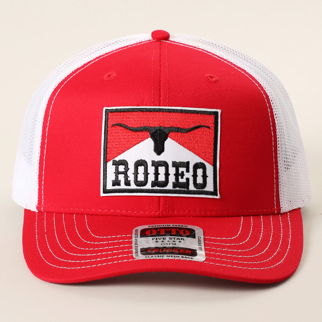 Rodeo patch mid profile trucker hat in red and white