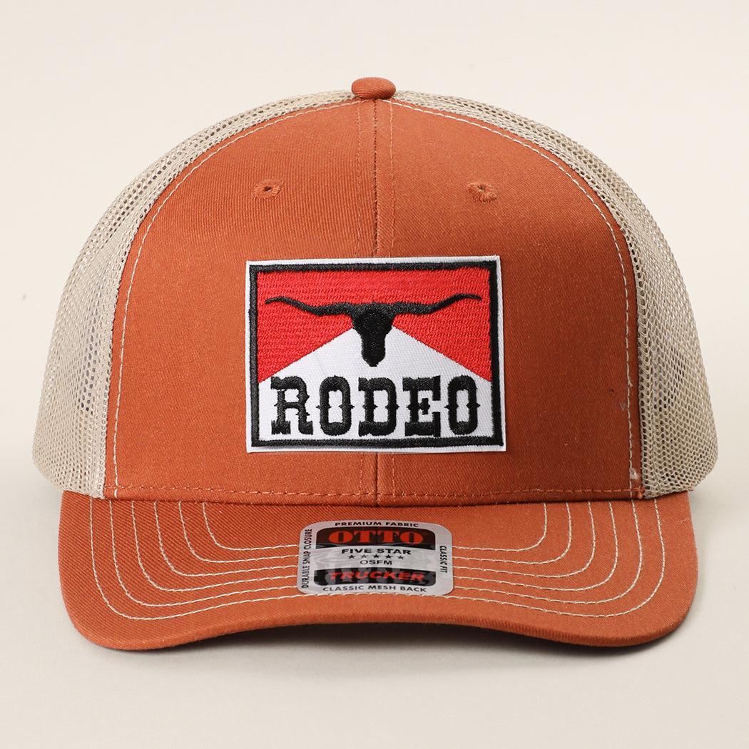 Rodeo patch mid profile trucker hat in orange and khaki