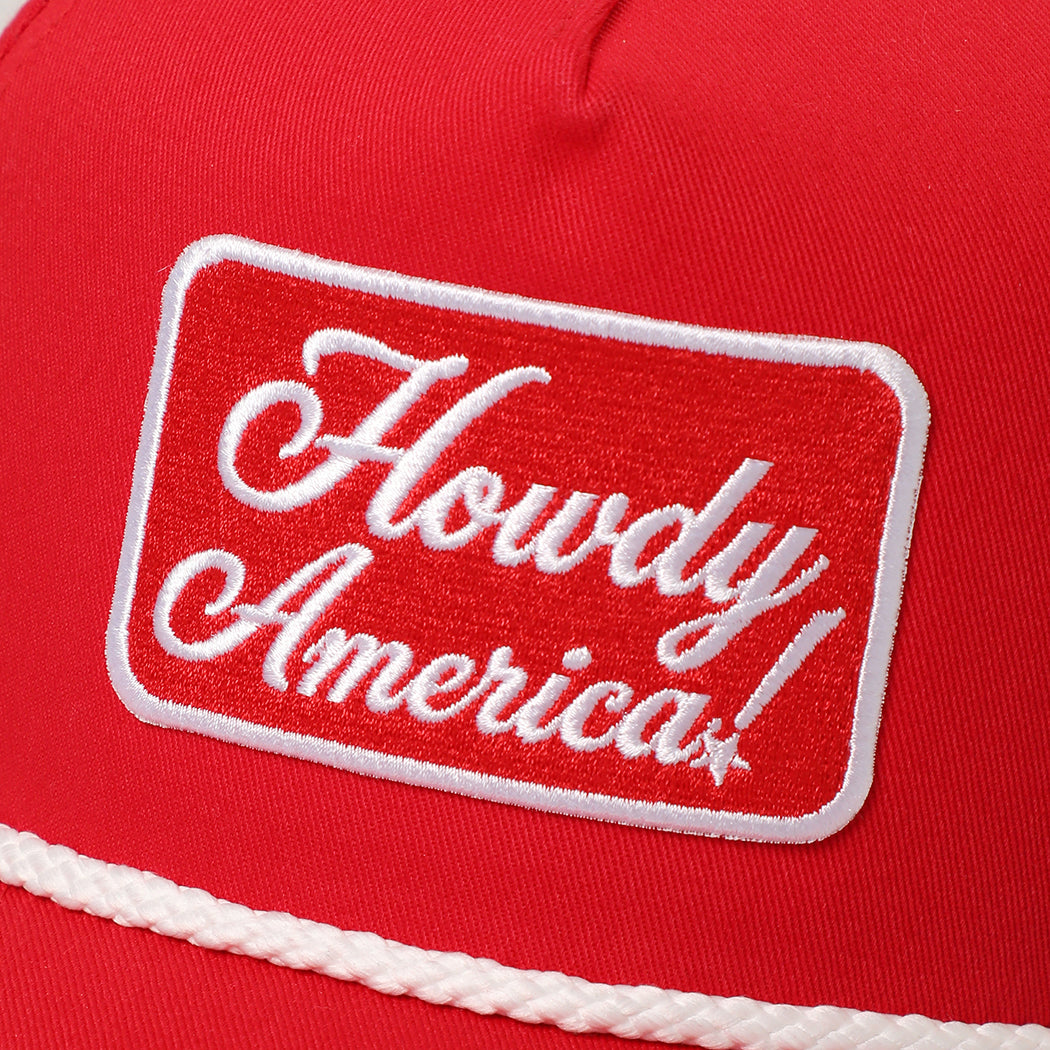 Howdy America rope trucker hat in red and white, side view