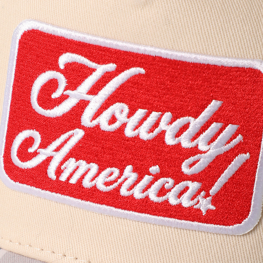 Howdy America camo brim trucker hat in blue, side view