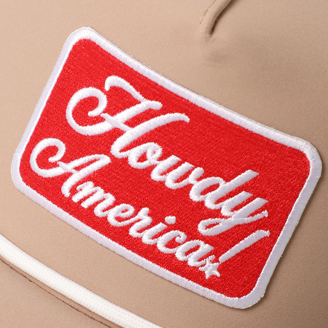 Howdy America premium rope trucker hat in sand, side view