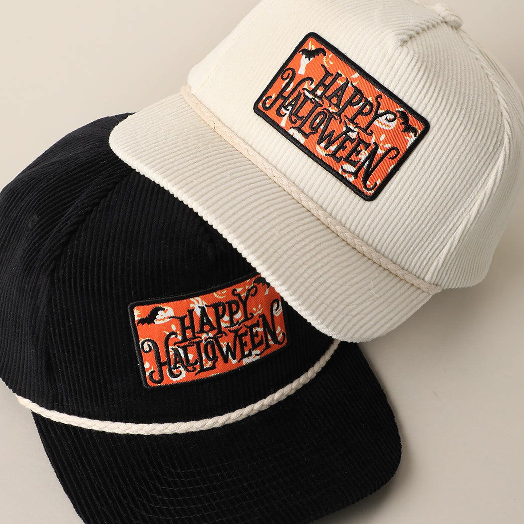 Happy Halloween corduroy trucker hats in off-white and black